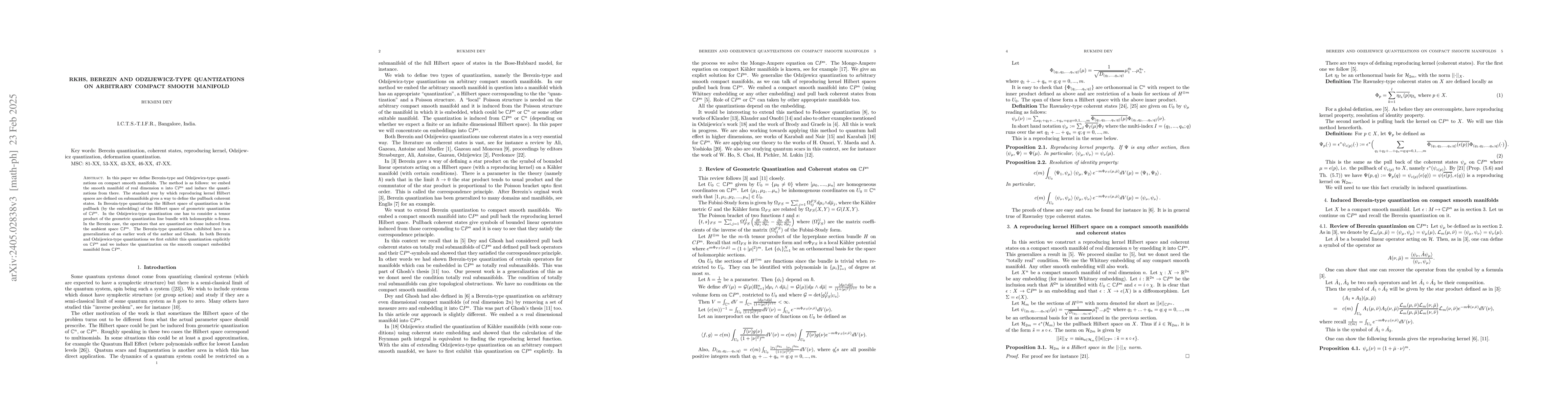 Thumbnail for RKHS, Odzijewicz, Berezin and Fedosov-type quantizations on smooth
  compact manifolds