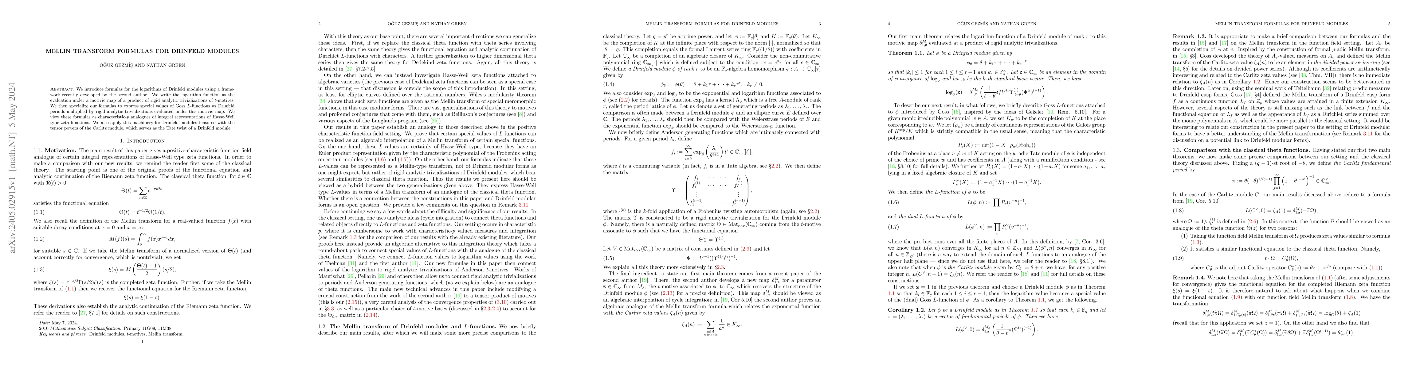 Thumbnail for Mellin transform formulas for Drinfeld modules