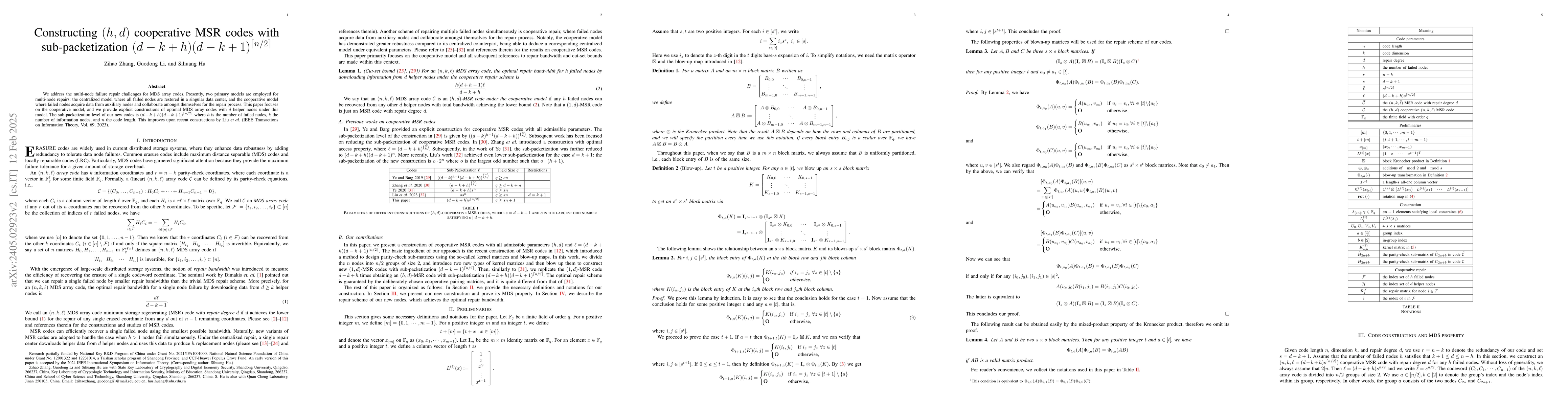 Thumbnail for Constructing $(h,d)$ cooperative MSR codes with sub-packetization
  $(d-k+h)(d-k+1)^{\lceil n/2 \rceil}$