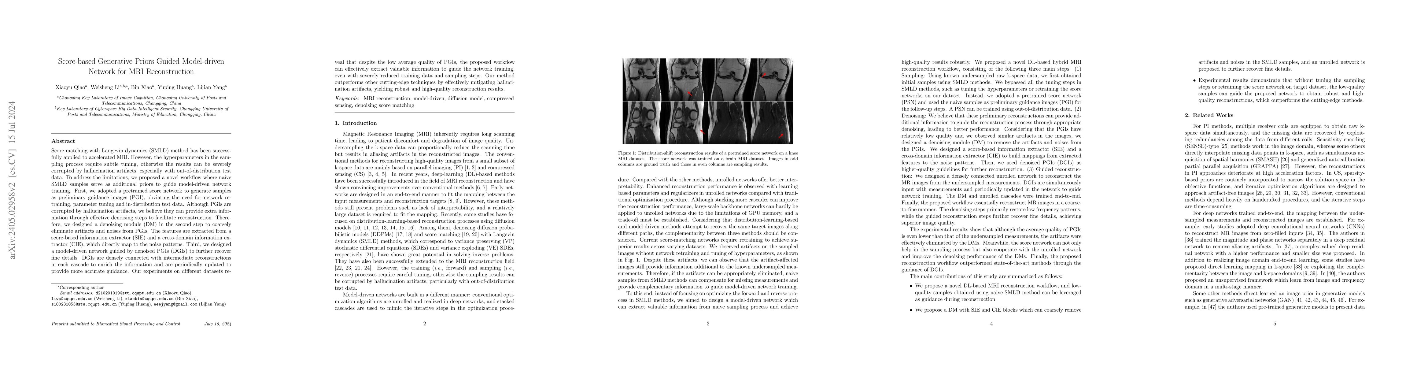 Thumbnail for Score-based Generative Priors Guided Model-driven Network for MRI
  Reconstruction