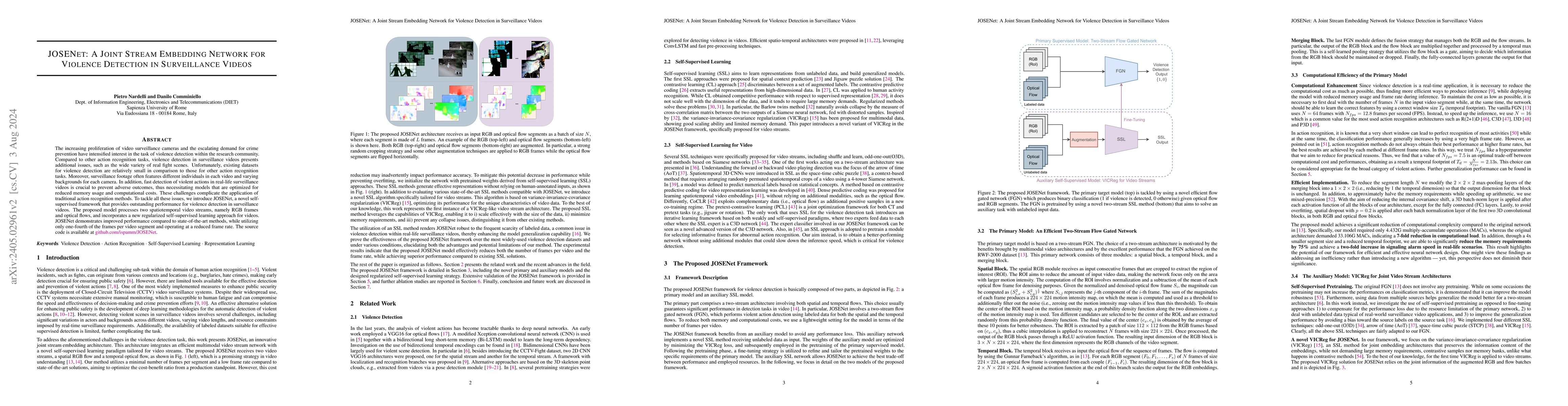 Thumbnail for JOSENet: A Joint Stream Embedding Network for Violence Detection in
  Surveillance Videos