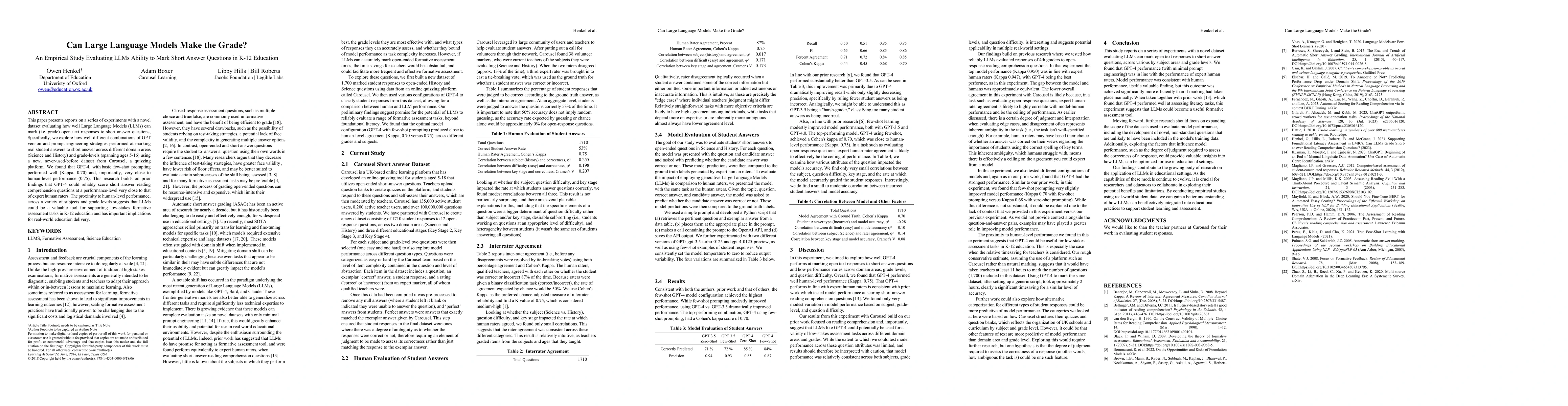 Thumbnail for Can Large Language Models Make the Grade? An Empirical Study Evaluating
  LLMs Ability to Mark Short Answer Questions in K-12 Education