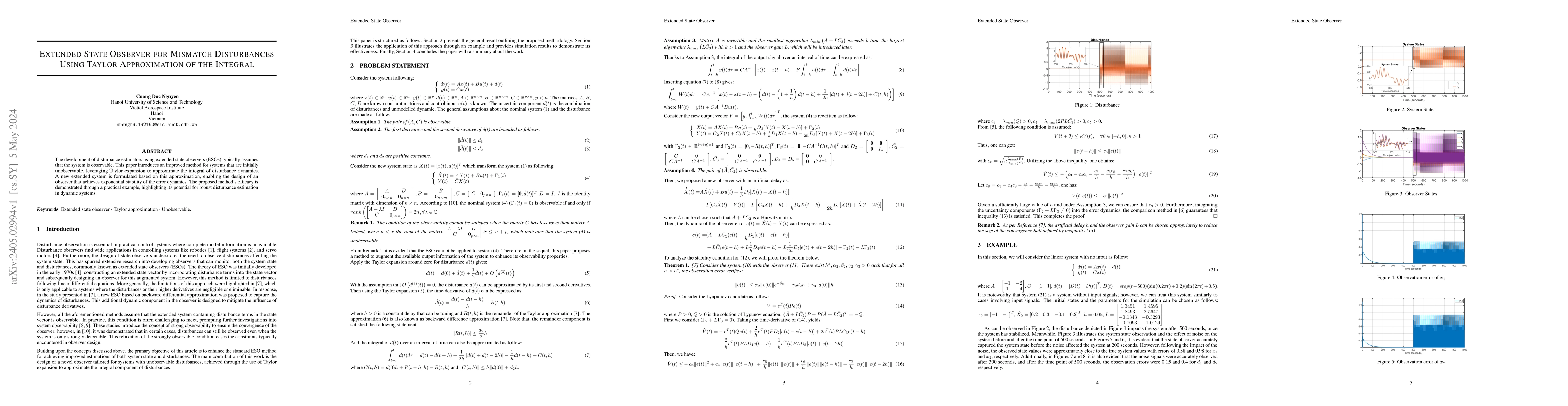 Thumbnail for Extended State Observer for Mismatch Disturbances Using Taylor
  Approximation of the Integral