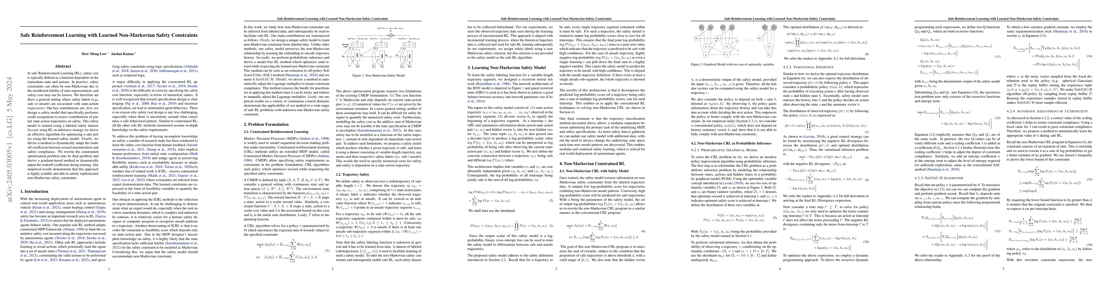 Thumbnail for Safe Reinforcement Learning with Learned Non-Markovian Safety
  Constraints