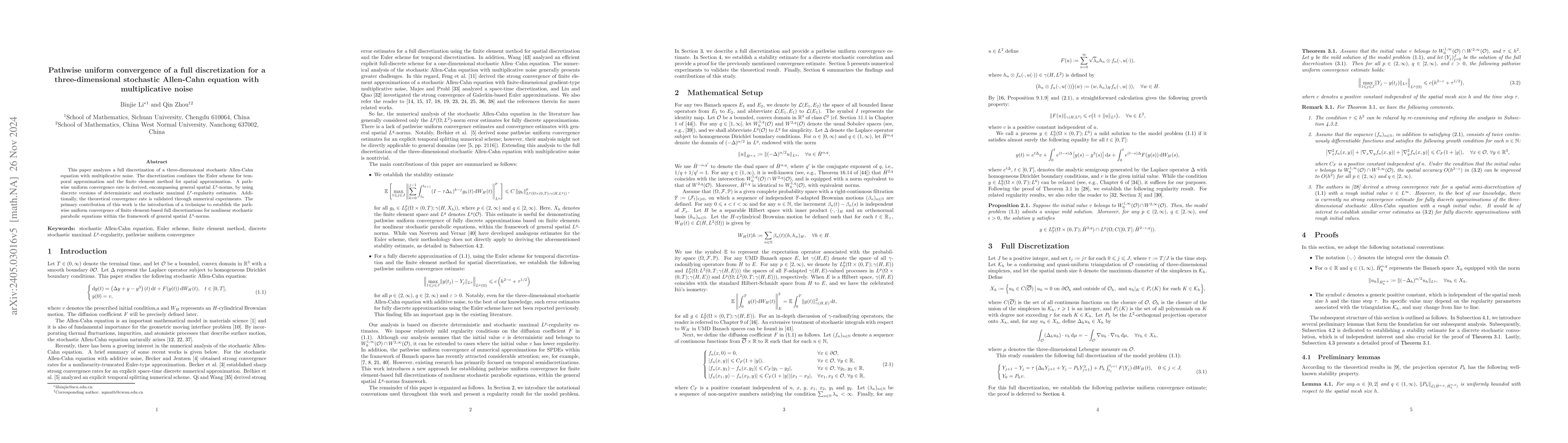 Thumbnail for Pathwise uniform convergence of a full discretization for a
  three-dimensional stochastic Allen-Cahn equation with multiplicative noise
