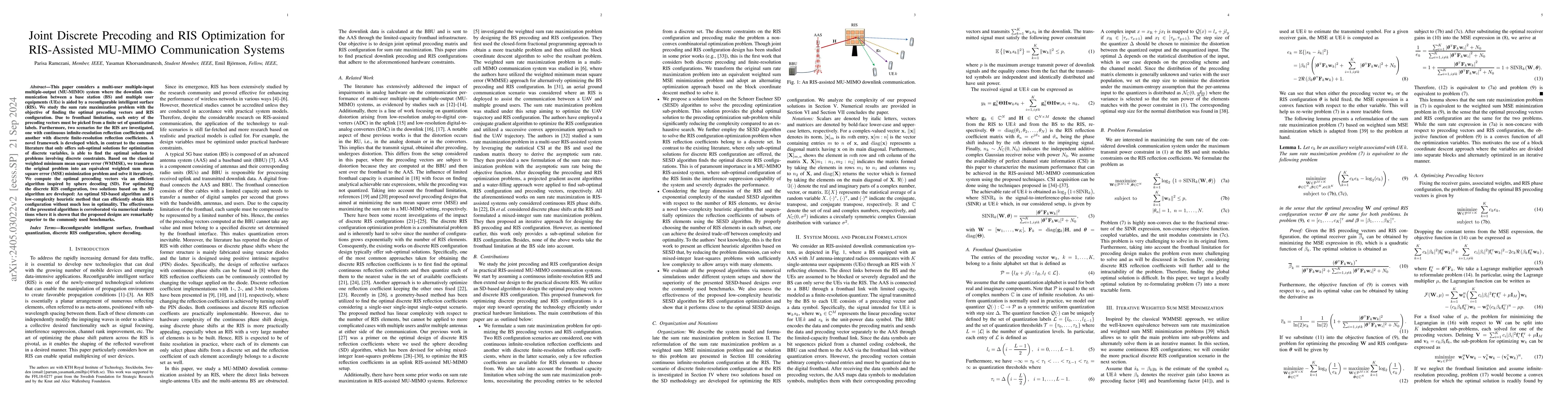 Thumbnail for Joint Discrete Precoding and RIS Optimization for RIS-Assisted MU-MIMO
  Communication Systems