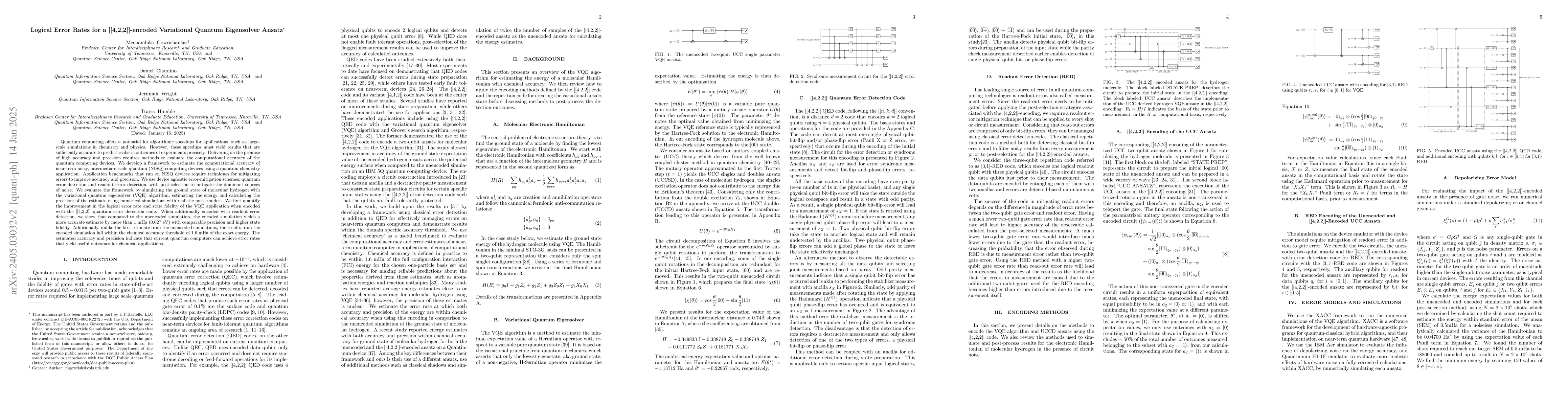 Thumbnail for Logical Error Rates for a [[4,2,2]]-Encoded Variational Quantum
  Eigensolver Ansatz