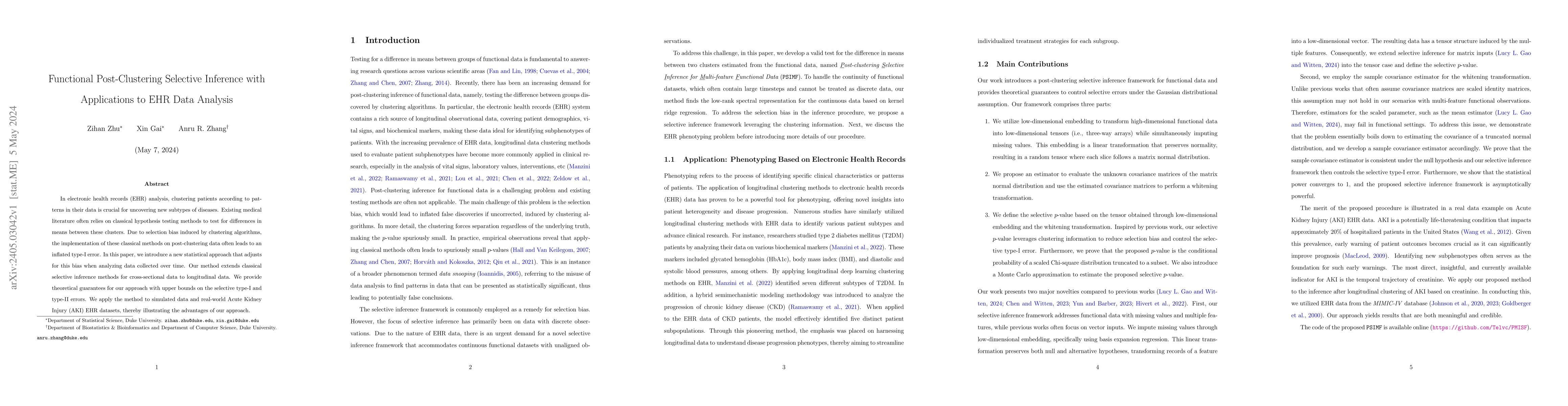 Thumbnail for Functional Post-Clustering Selective Inference with Applications to EHR
  Data Analysis
