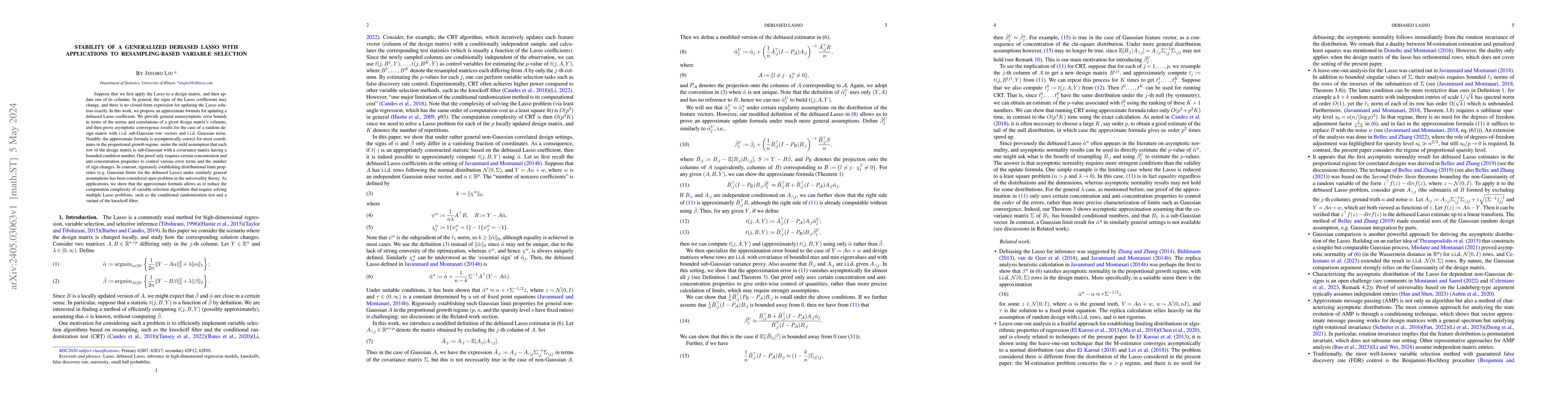 Thumbnail for Stability of a Generalized Debiased Lasso with Applications to
  Resampling-Based Variable Selection