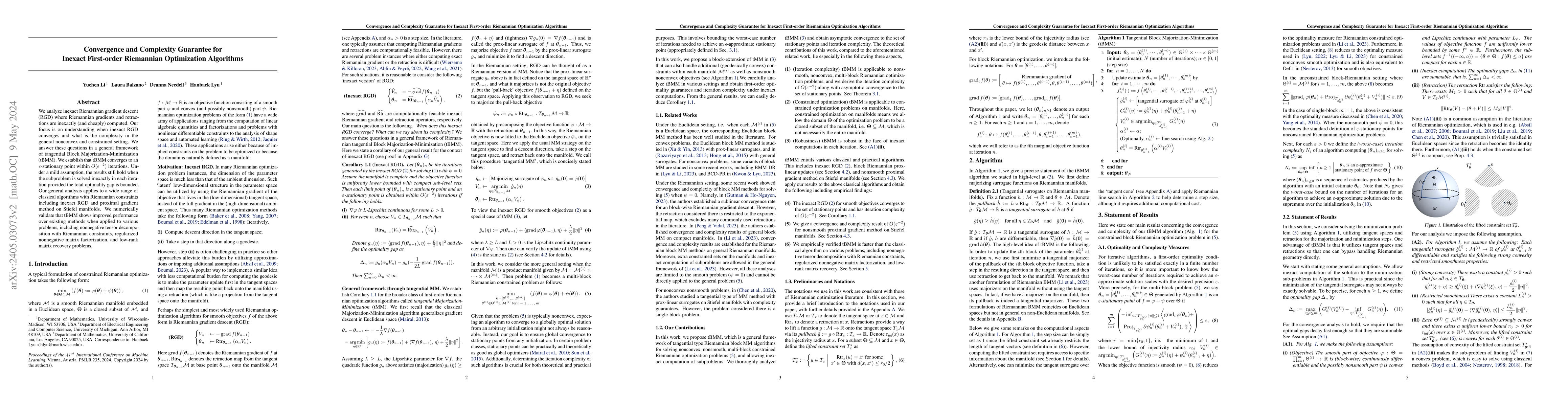 Thumbnail for Convergence and Complexity Guarantee for Inexact First-order Riemannian
  Optimization Algorithms