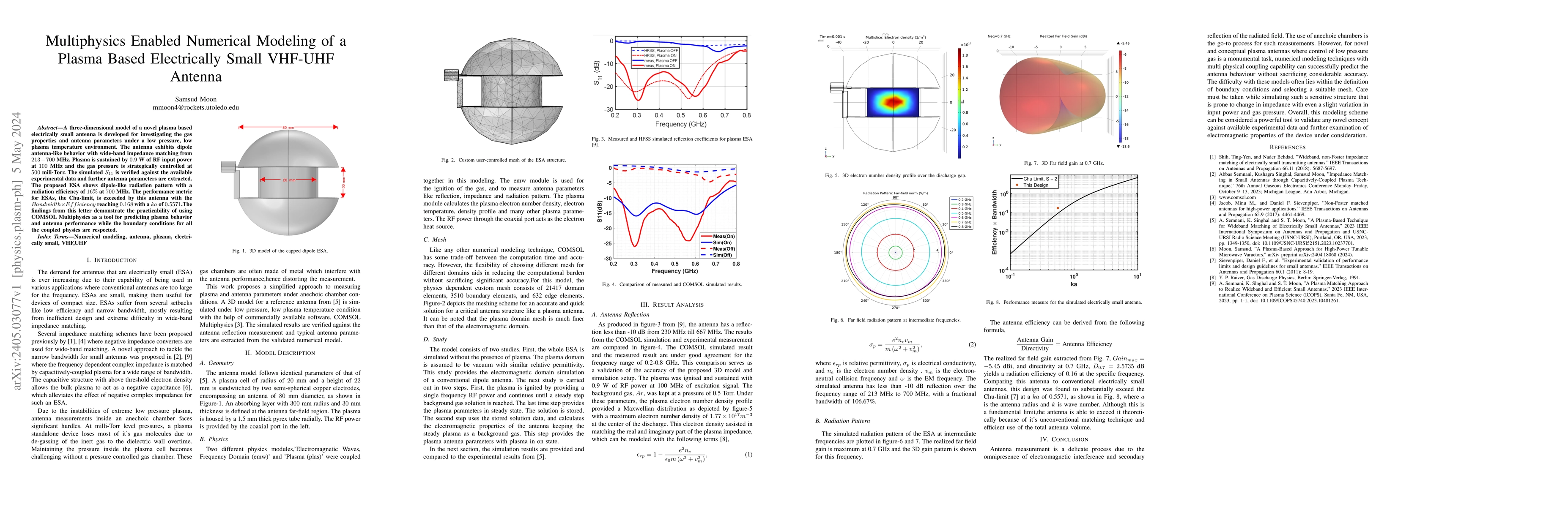 Thumbnail for Multiphysics Enabled Numerical Modeling of a Plasma Based Electrically
  Small VHF-UHF Antenna