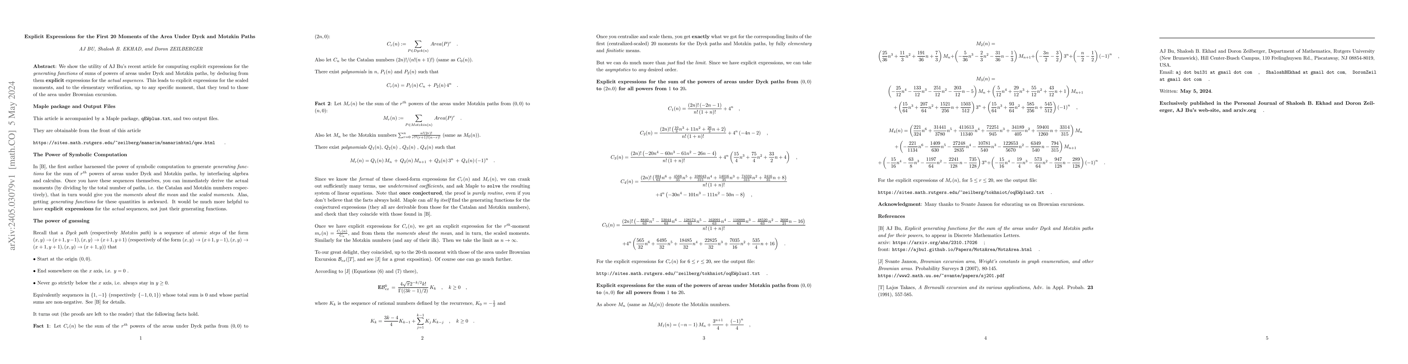 Thumbnail for Explicit Expressions for the First 20 Moments of the Area Under Dyck and
  Motzkin Paths