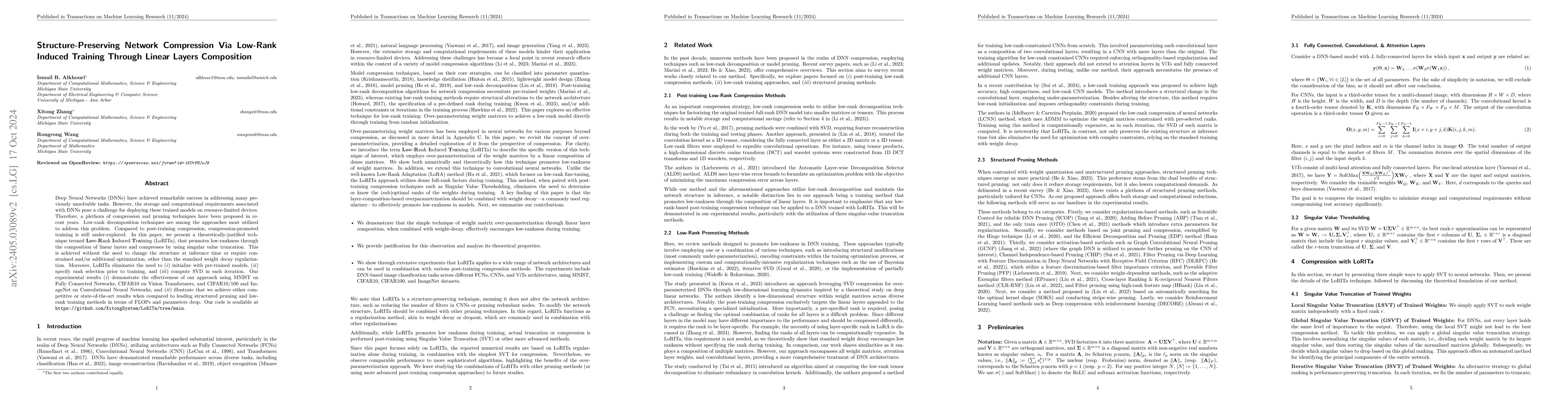 Thumbnail for Structure-Preserving Network Compression Via Low-Rank Induced Training
  Through Linear Layers Composition
