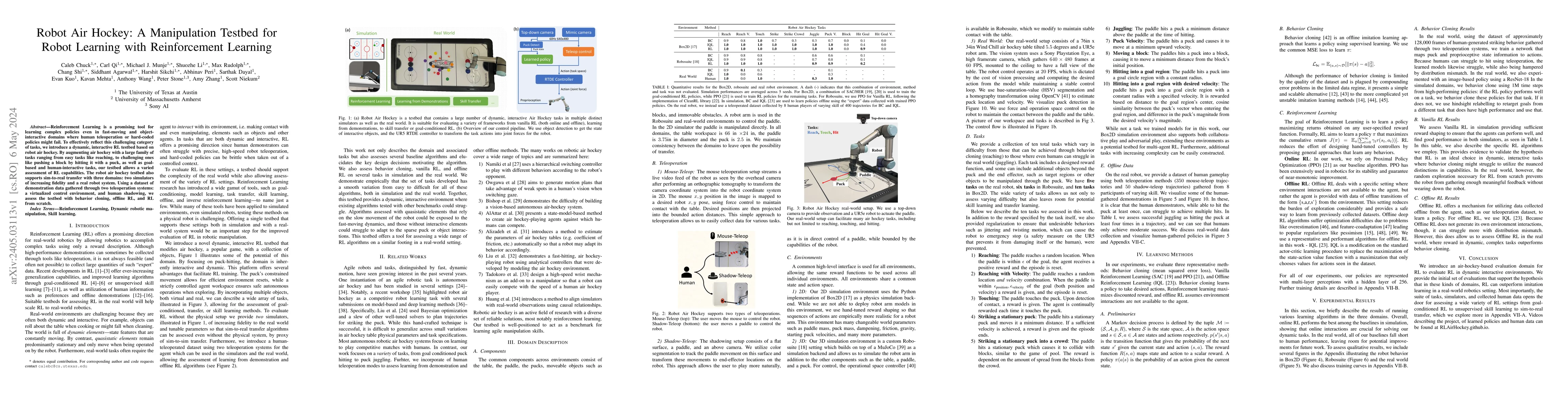 Thumbnail for Robot Air Hockey: A Manipulation Testbed for Robot Learning with
  Reinforcement Learning