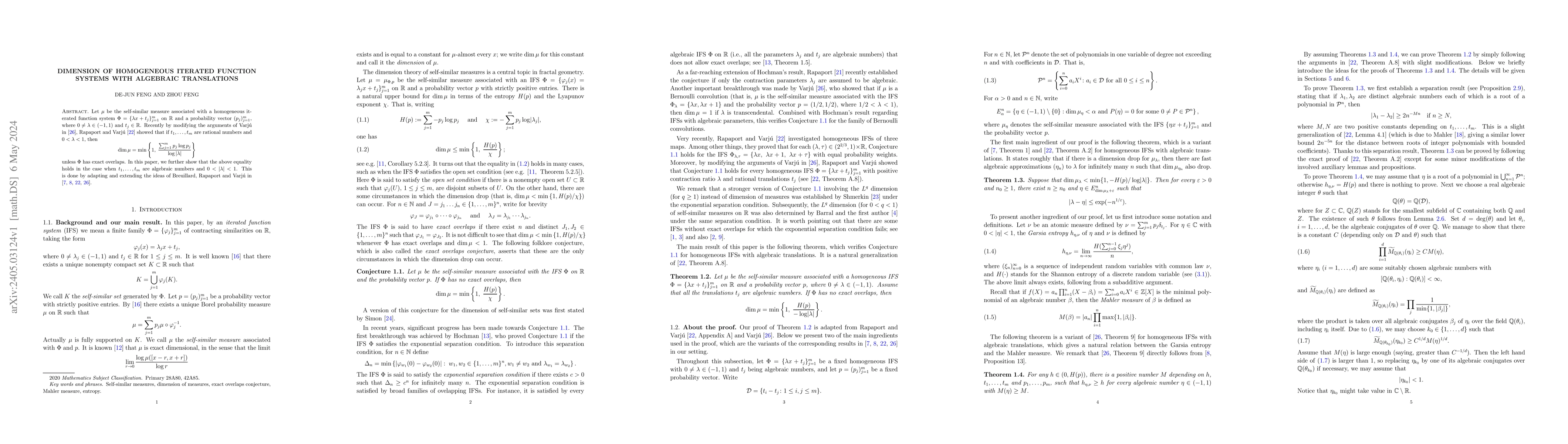 Thumbnail for Dimension of homogeneous iterated function systems with algebraic
  translations