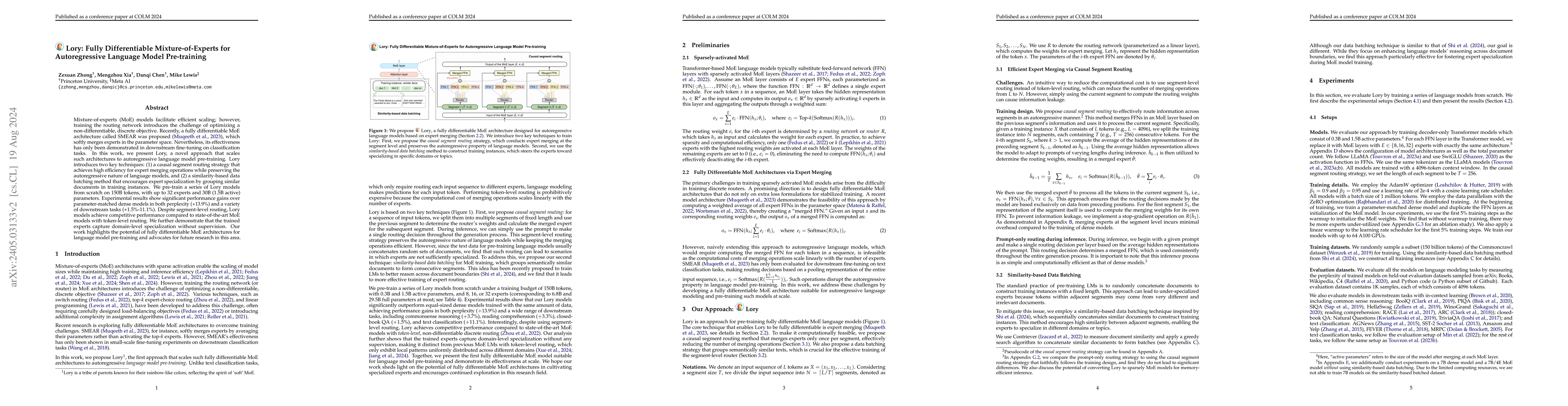 Thumbnail for Lory: Fully Differentiable Mixture-of-Experts for Autoregressive
  Language Model Pre-training