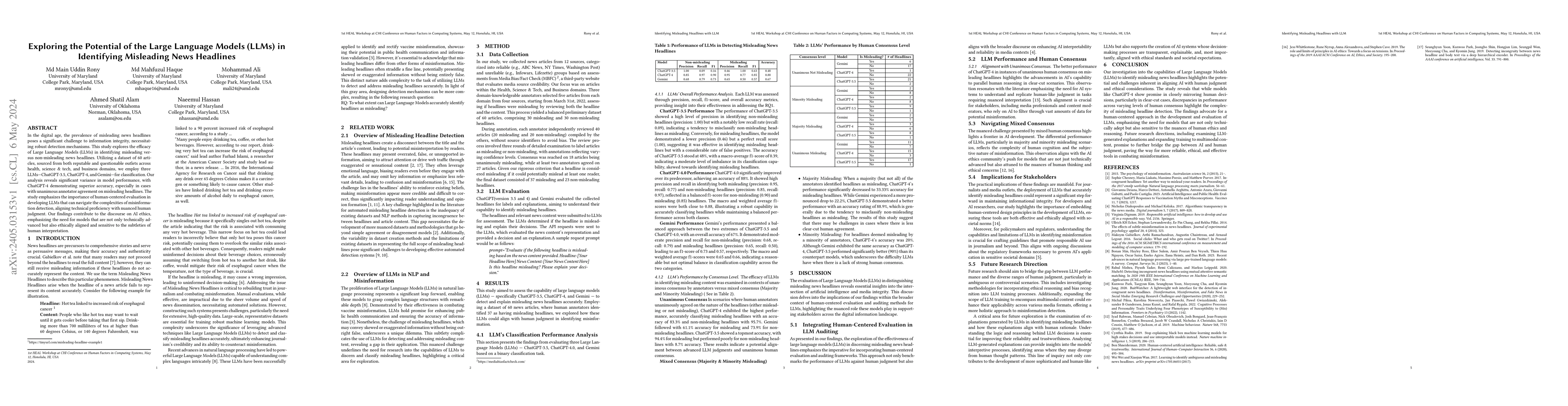 Thumbnail for Exploring the Potential of the Large Language Models (LLMs) in
  Identifying Misleading News Headlines