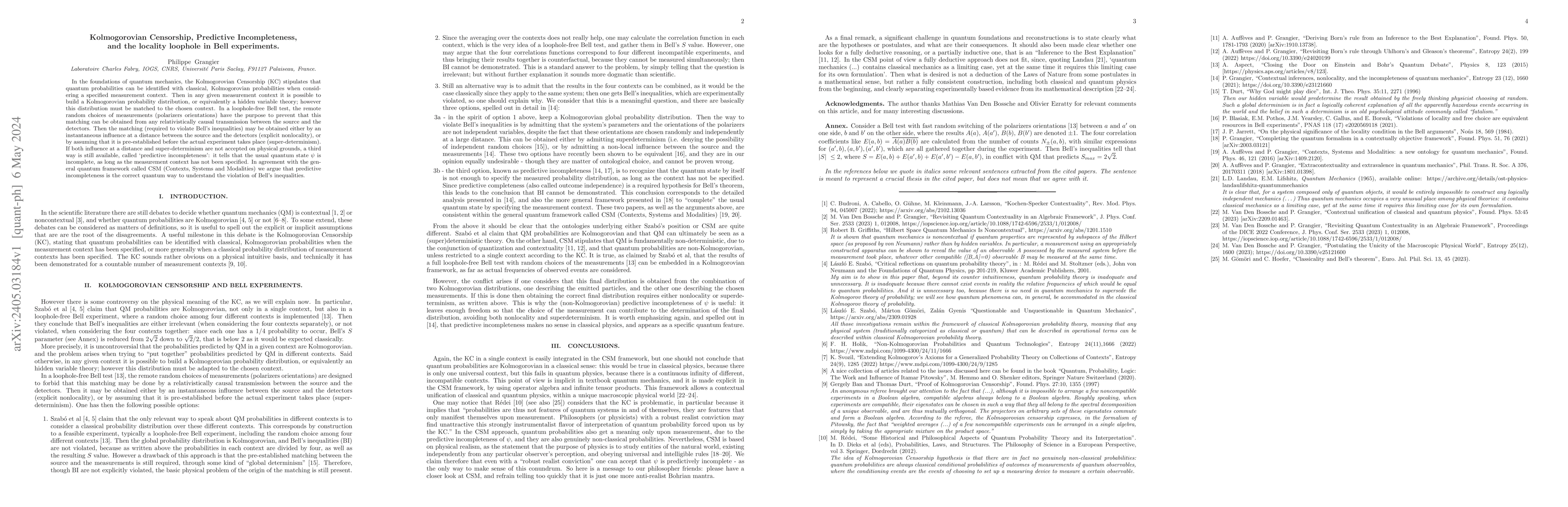 Thumbnail for Kolmogorovian Censorship, Predictive Incompleteness, and the locality
  loophole in Bell experiments
