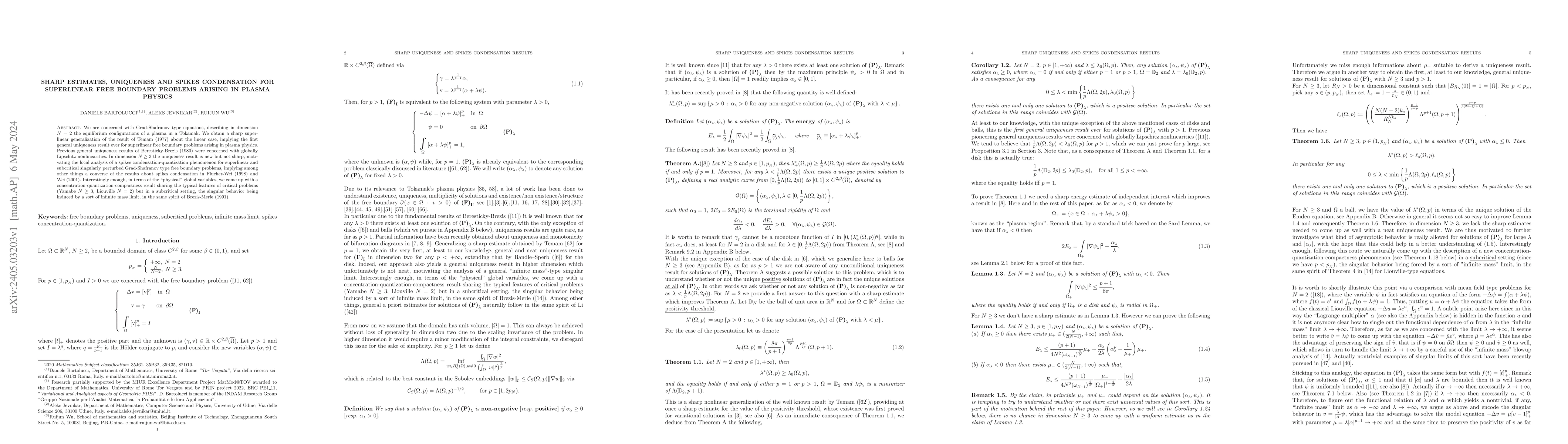 Thumbnail for Sharp estimates, uniqueness and spikes condensation for superlinear free
  boundary problems arising in plasma physics