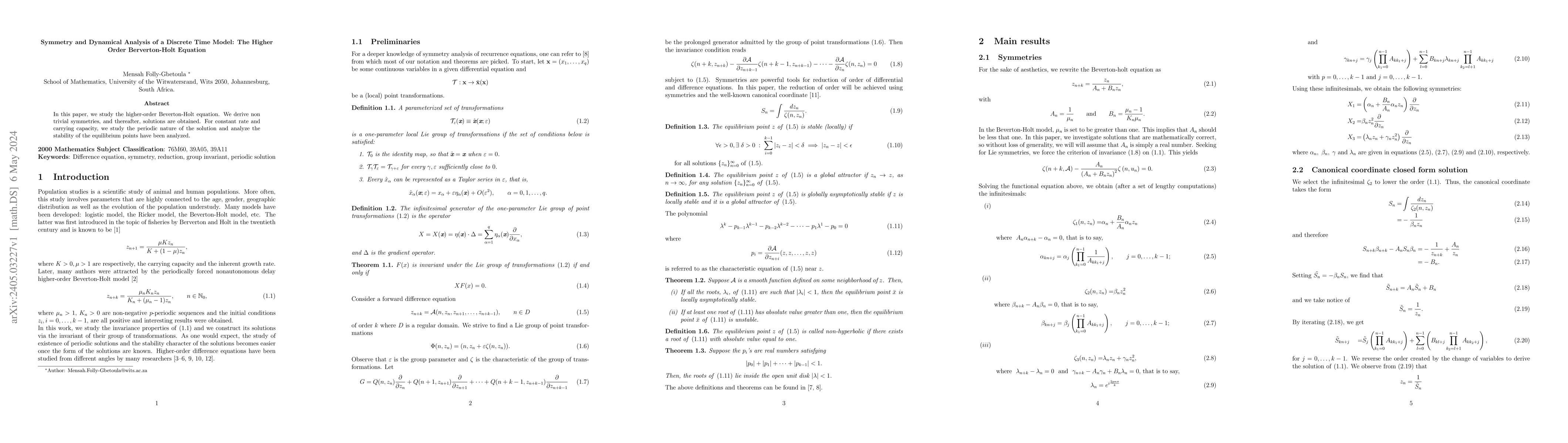 Thumbnail for Symmetry and Dynamical Analysis of a Discrete Time Model: The Higher
  Order Berverton-Holt Equation