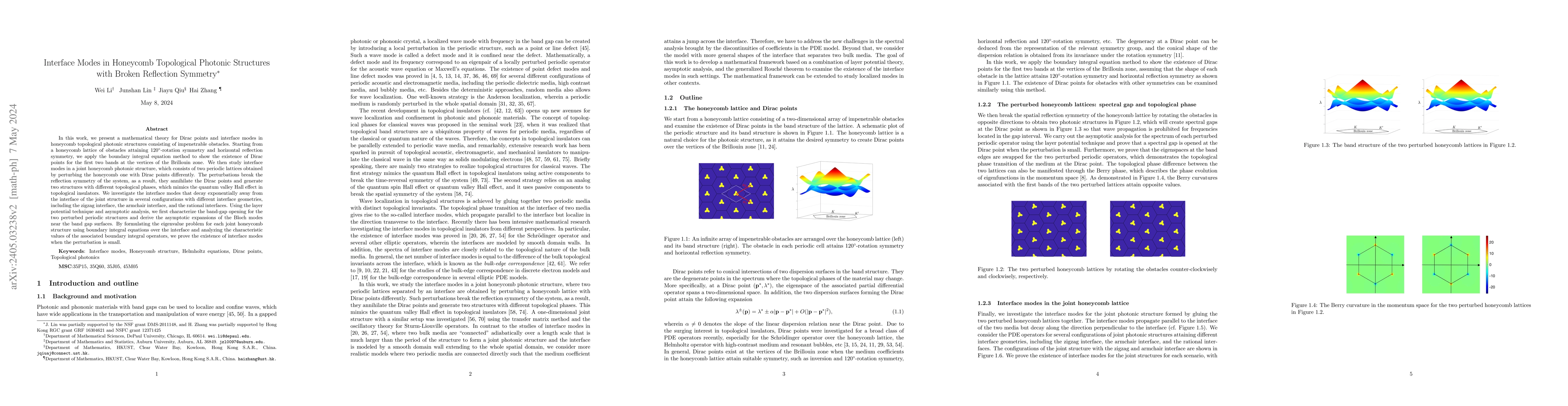 Thumbnail for Interface Modes in Honeycomb Topological Photonic Structures with Broken
  Reflection Symmetry