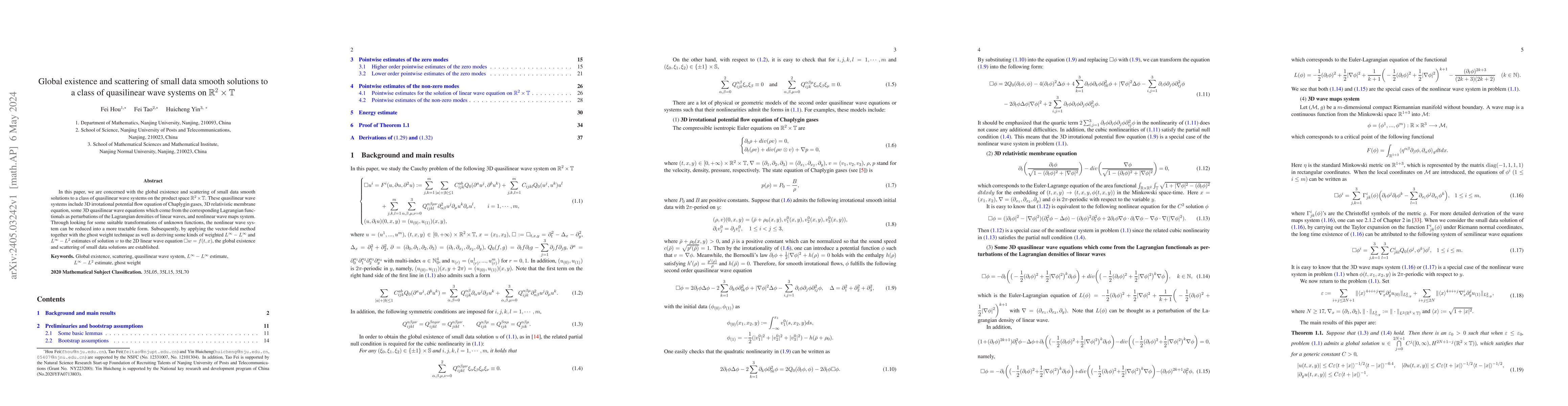 Thumbnail for Global existence and scattering of small data smooth solutions to a
  class of quasilinear wave systems on $\mathbb{R}^2\times\mathbb{T}$