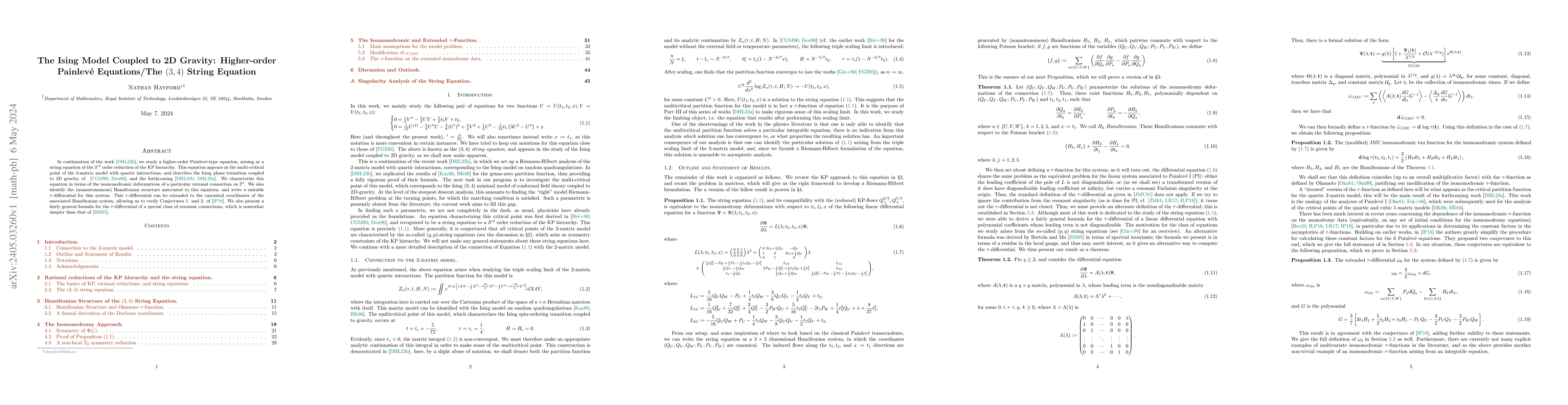 Thumbnail for The Ising Model Coupled to 2D Gravity: Higher-order Painlev\'{e}
  Equations/The $(3,4)$ String Equation