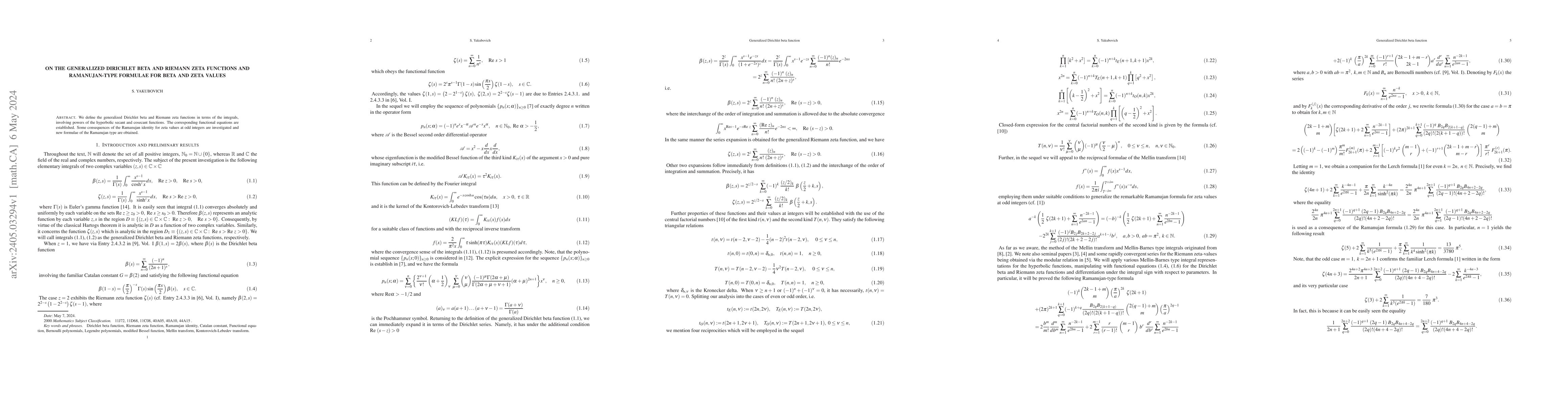 Thumbnail for On the generalized Dirichlet beta and Riemann zeta functions and
  Ramanujan-type formulae for beta and zeta values