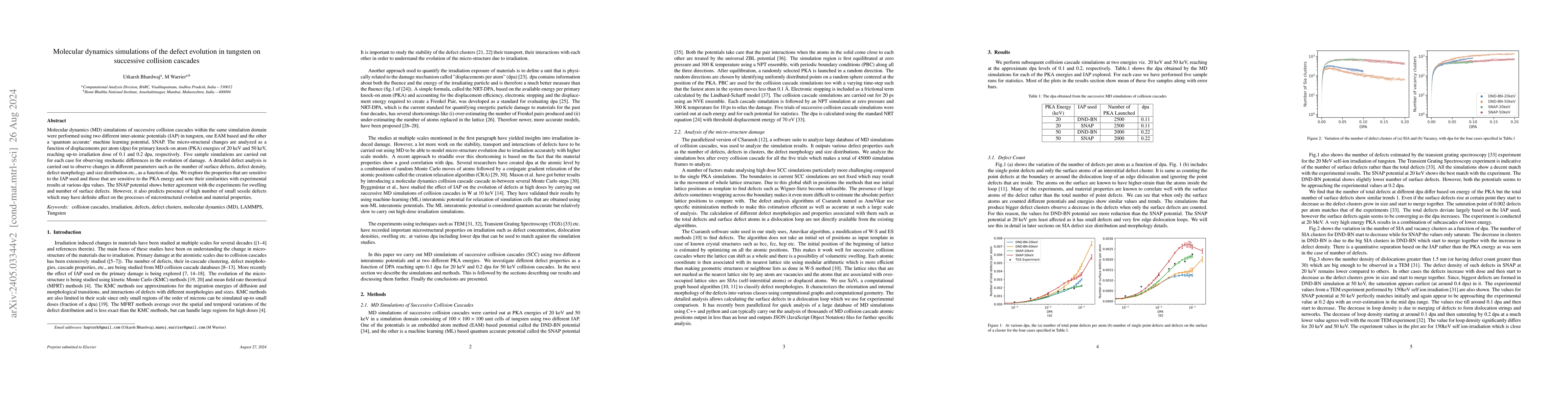 Thumbnail for Molecular dynamics simulations of the defect evolution in tungsten on
  successive collision cascades