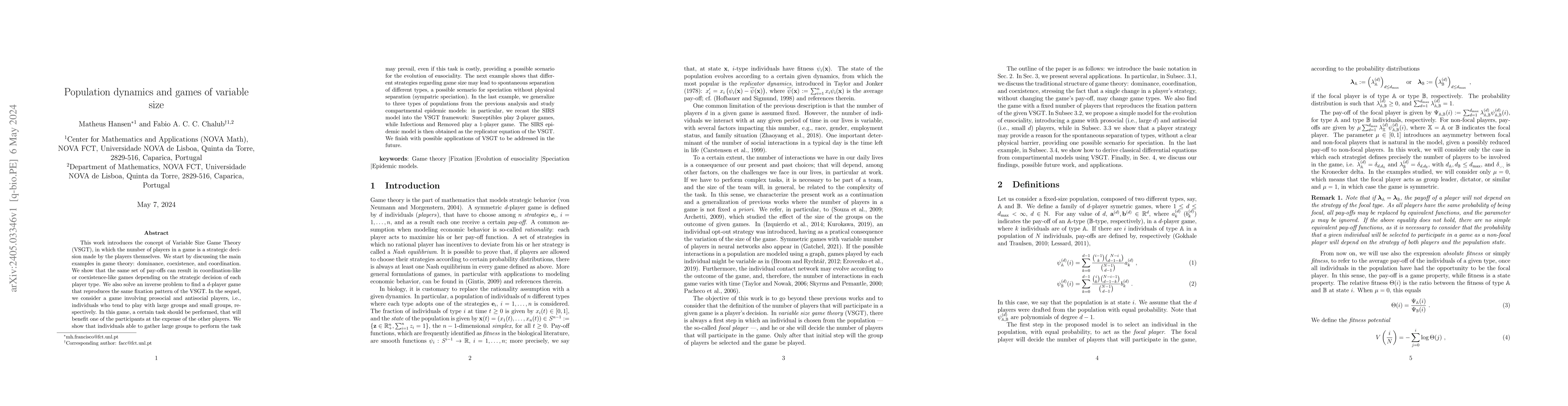 Thumbnail for Population dynamics and games of variable size
