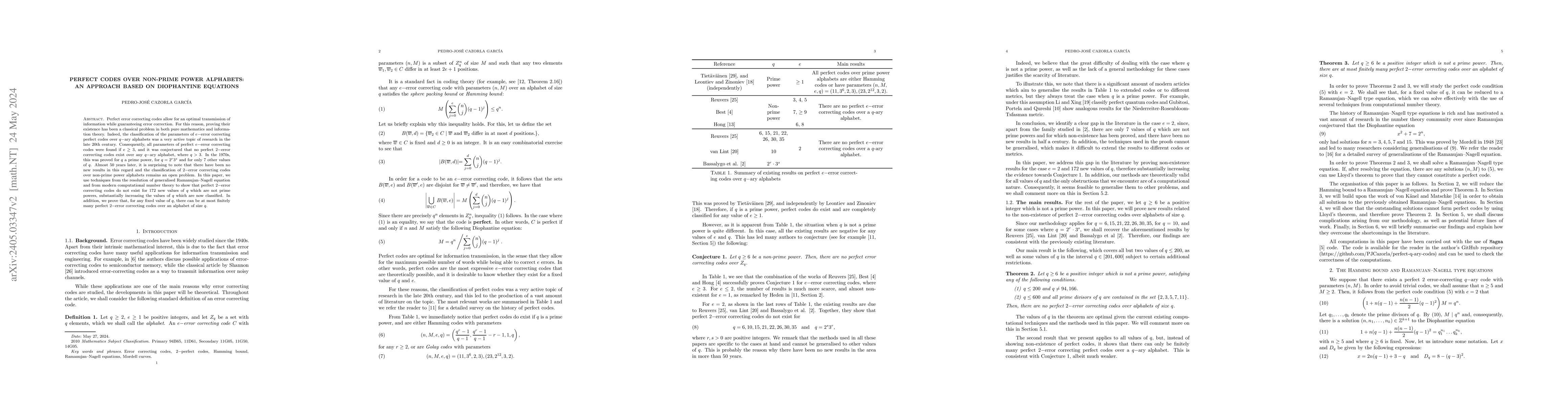 Thumbnail for Perfect codes over non-prime power alphabets: an approach based on
  Diophantine equations