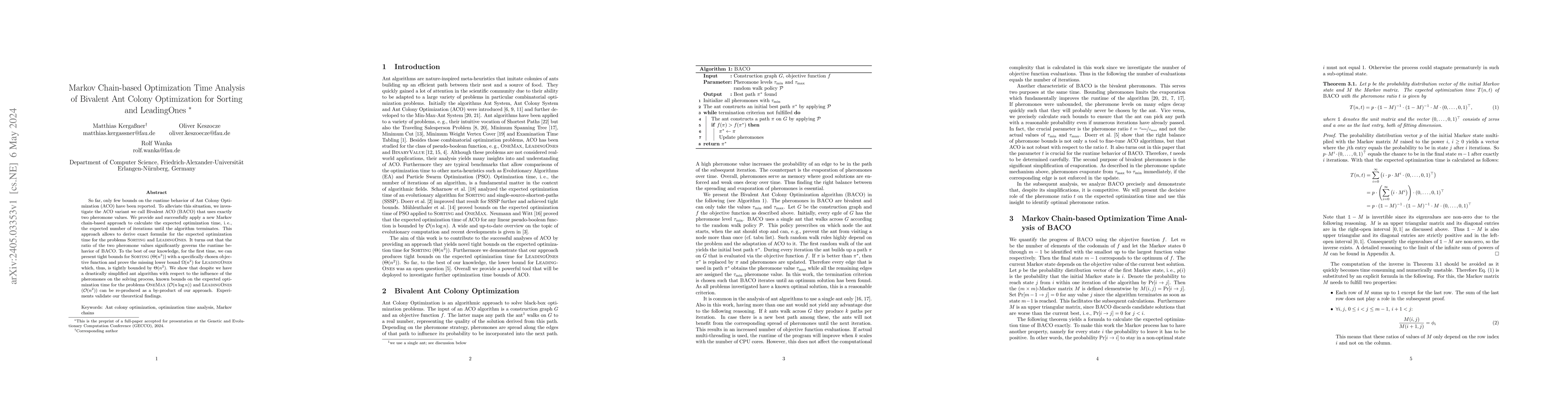 Thumbnail for Markov Chain-based Optimization Time Analysis of Bivalent Ant Colony
  Optimization for Sorting and LeadingOnes