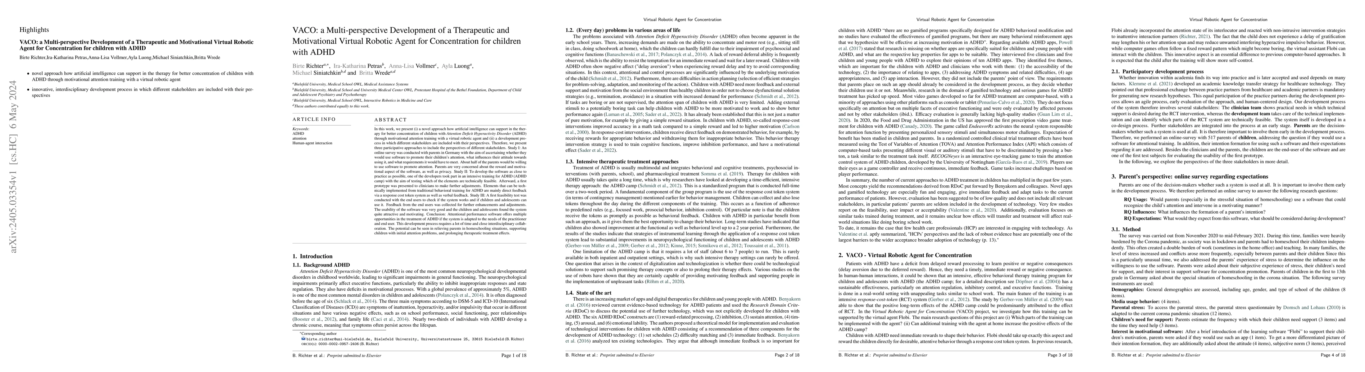 Thumbnail for VACO: a Multi-perspective Development of a Therapeutic and Motivational
  Virtual Robotic Agent for Concentration for children with ADHD