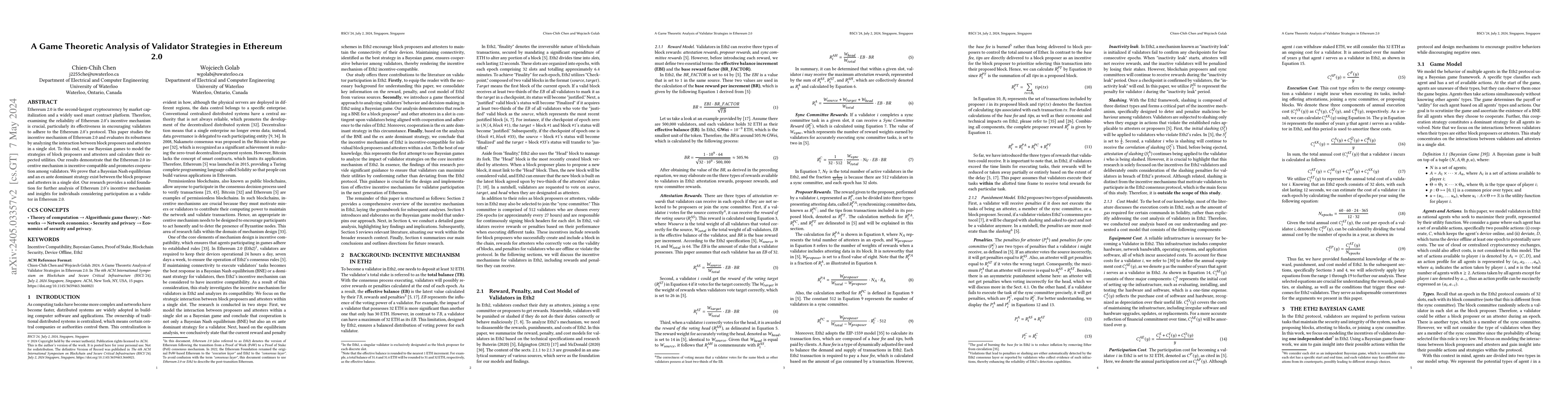 Thumbnail for A Game Theoretic Analysis of Validator Strategies in Ethereum 2.0