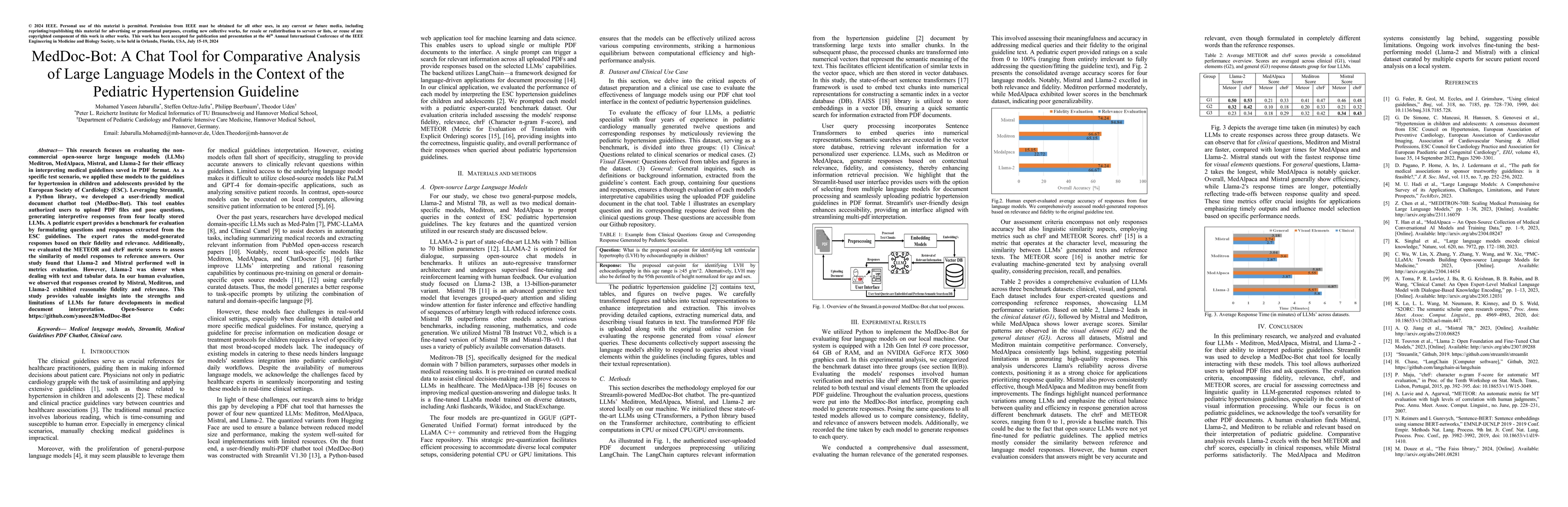 Thumbnail for MedDoc-Bot: A Chat Tool for Comparative Analysis of Large Language
  Models in the Context of the Pediatric Hypertension Guideline
