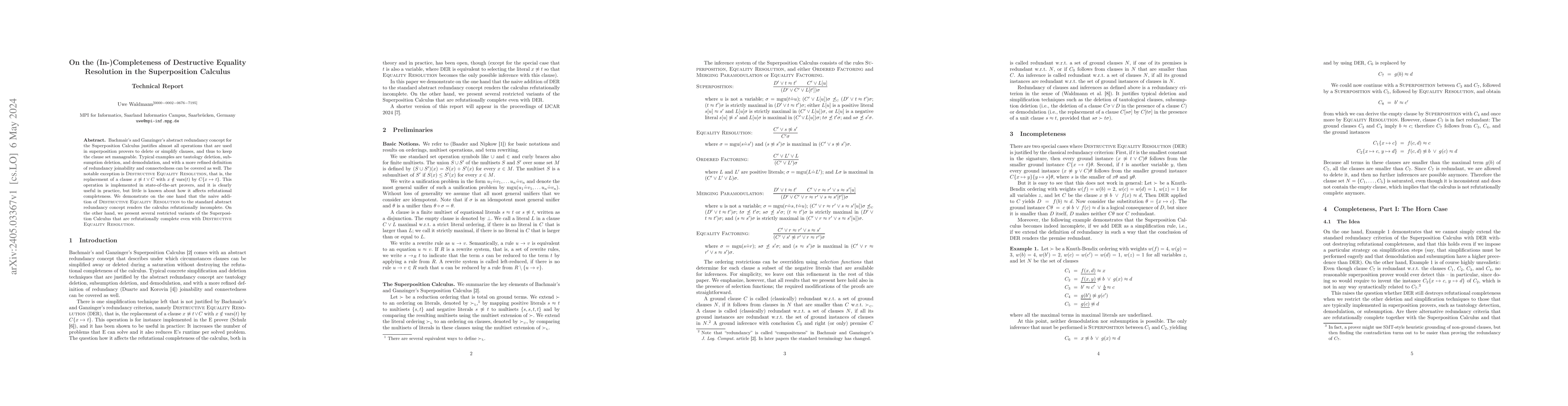 Thumbnail for On the (In-)Completeness of Destructive Equality Resolution in the
  Superposition Calculus