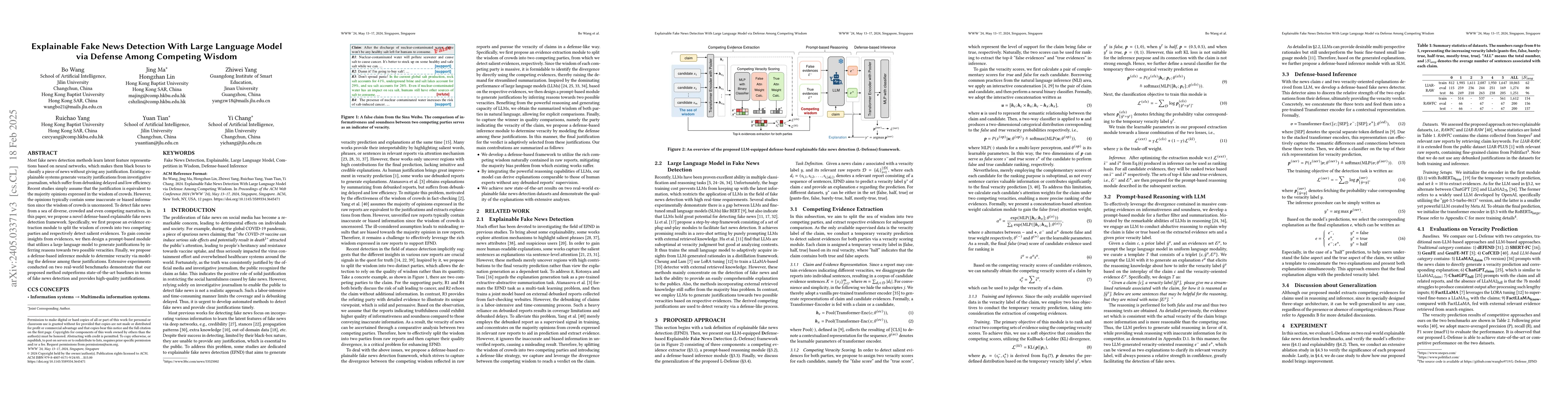 Thumbnail for Explainable Fake News Detection With Large Language Model via Defense
  Among Competing Wisdom