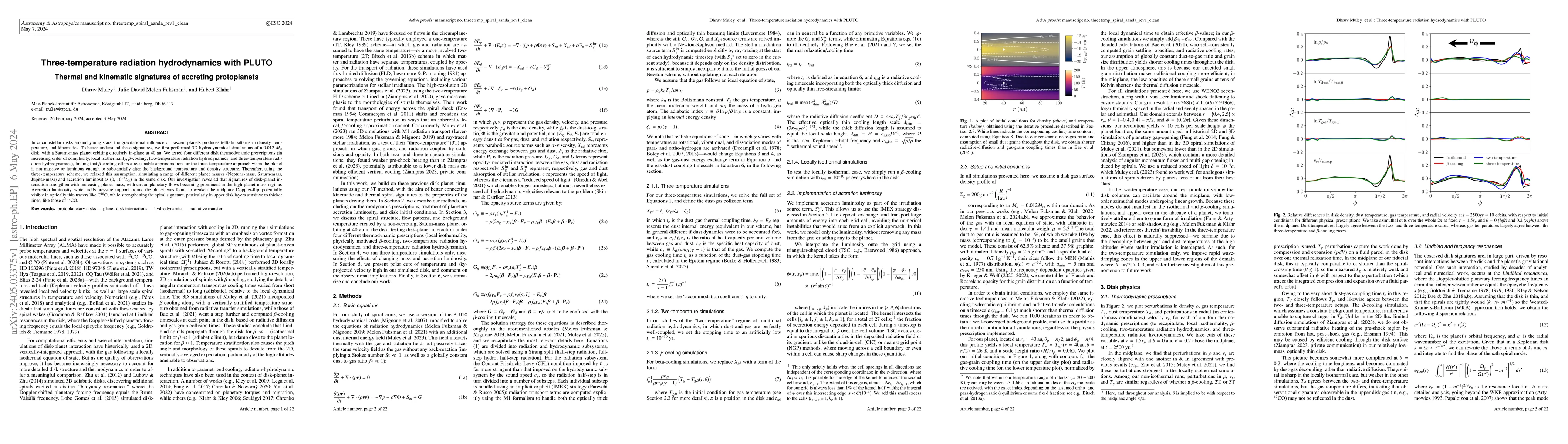 Thumbnail for Three-temperature radiation hydrodynamics with PLUTO: Thermal and
  kinematic signatures of accreting protoplanets