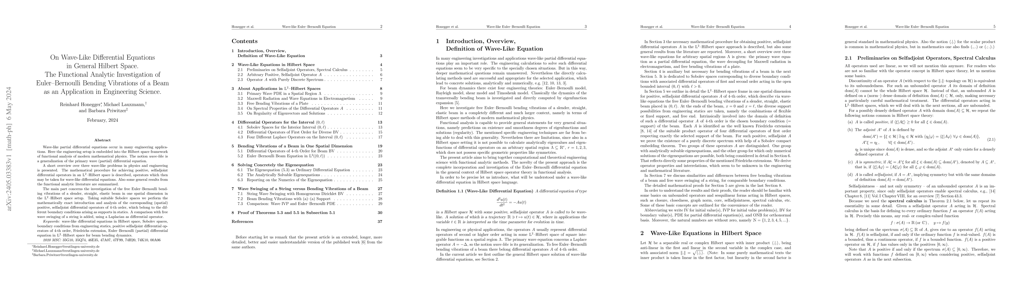 Thumbnail for On Wave-Like Differential Equations in General Hilbert Space. The
  Functional Analytic Investigation of Euler-Bernoulli Bending Vibrations of a
  Beam as an Application in Engineering Science