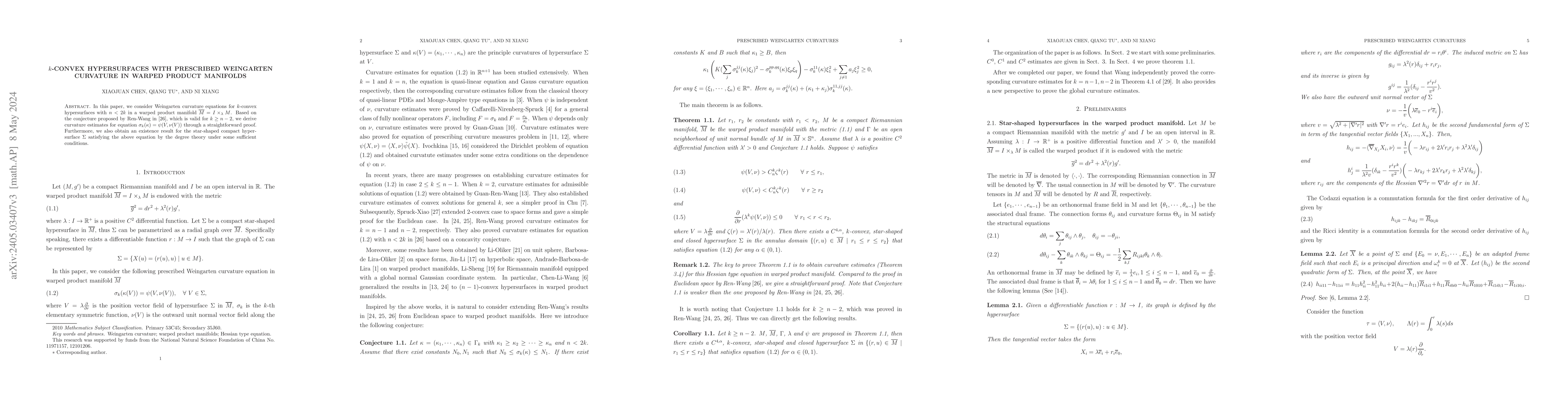 Thumbnail for $k$-convex hypersurfaces with prescribed Weingarten curvature in warped
  product manifolds