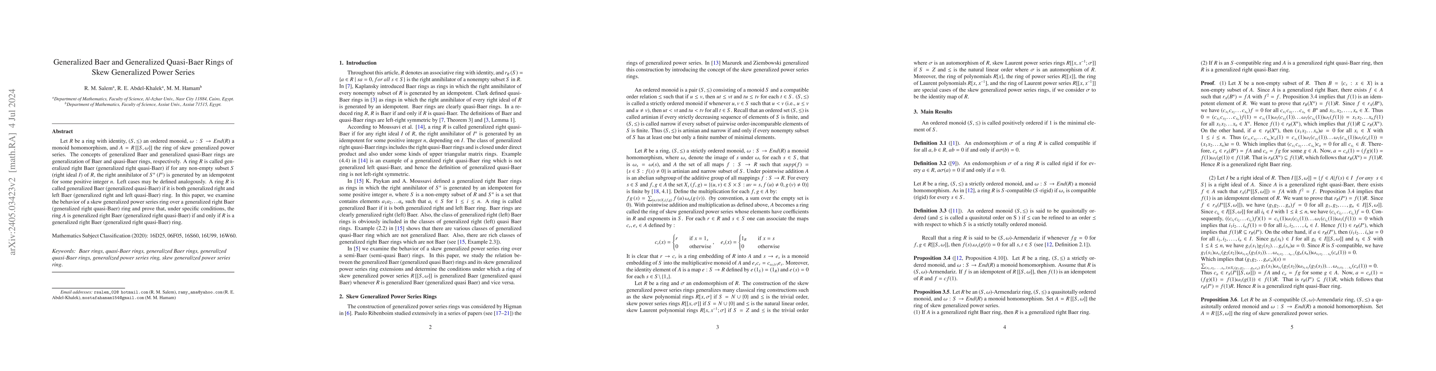 Thumbnail for Generalized Baer and Generalized Quasi-Baer Rings of Skew Generalized
  Power Series