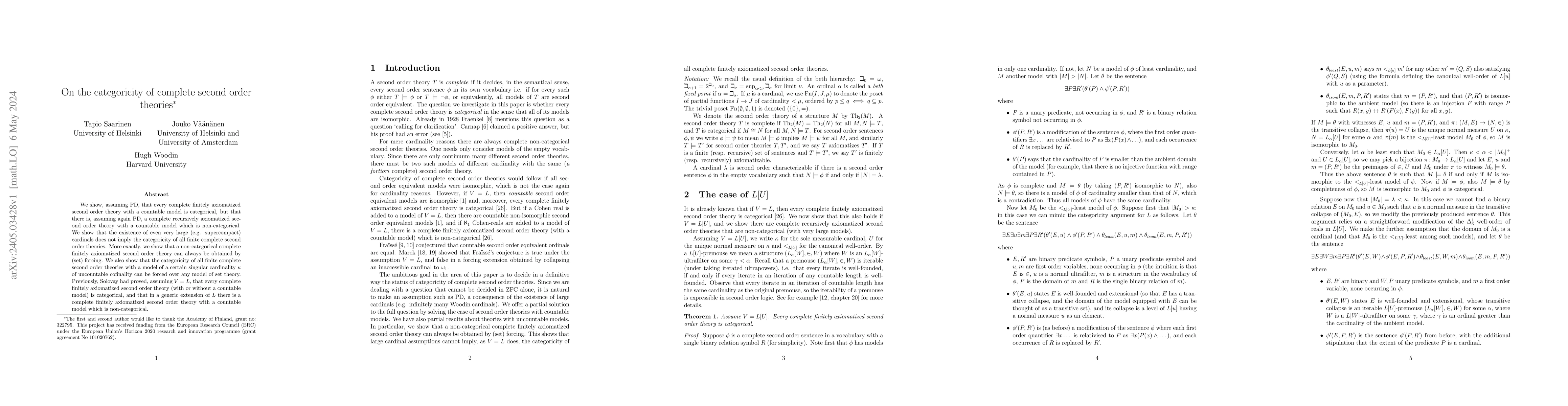 Thumbnail for On the categoricity of complete second order theories