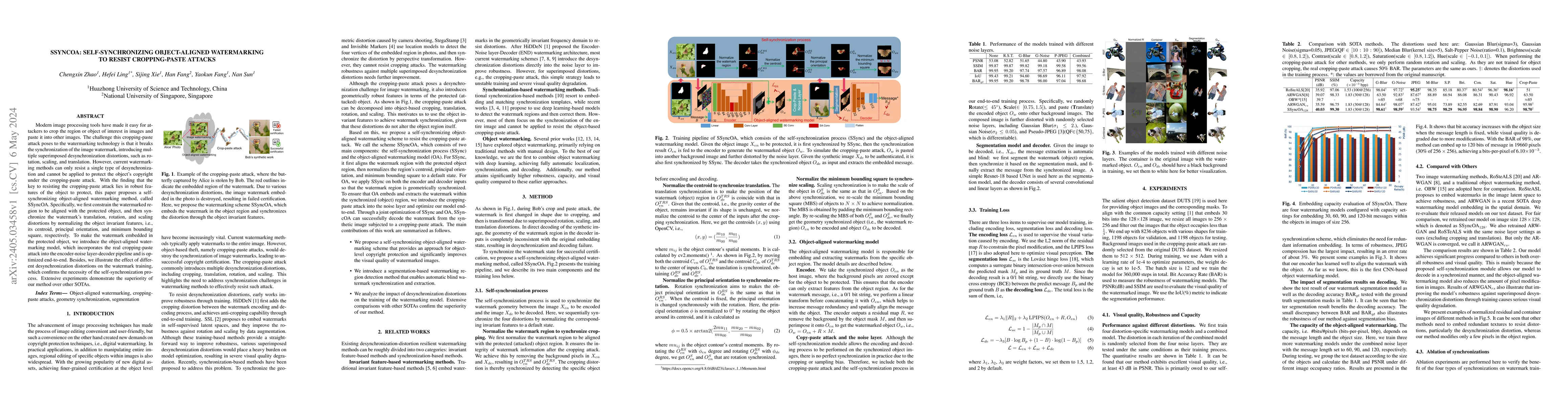 Thumbnail for SSyncOA: Self-synchronizing Object-aligned Watermarking to Resist
  Cropping-paste Attacks
