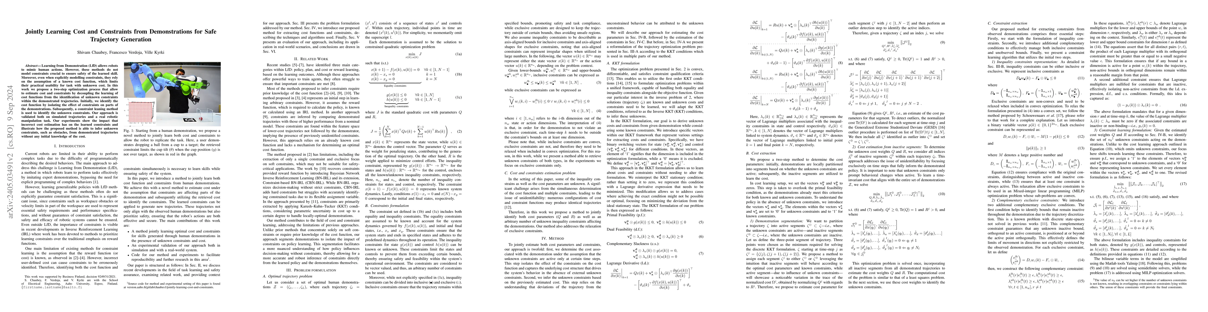 Thumbnail for Jointly Learning Cost and Constraints from Demonstrations for Safe
  Trajectory Generation