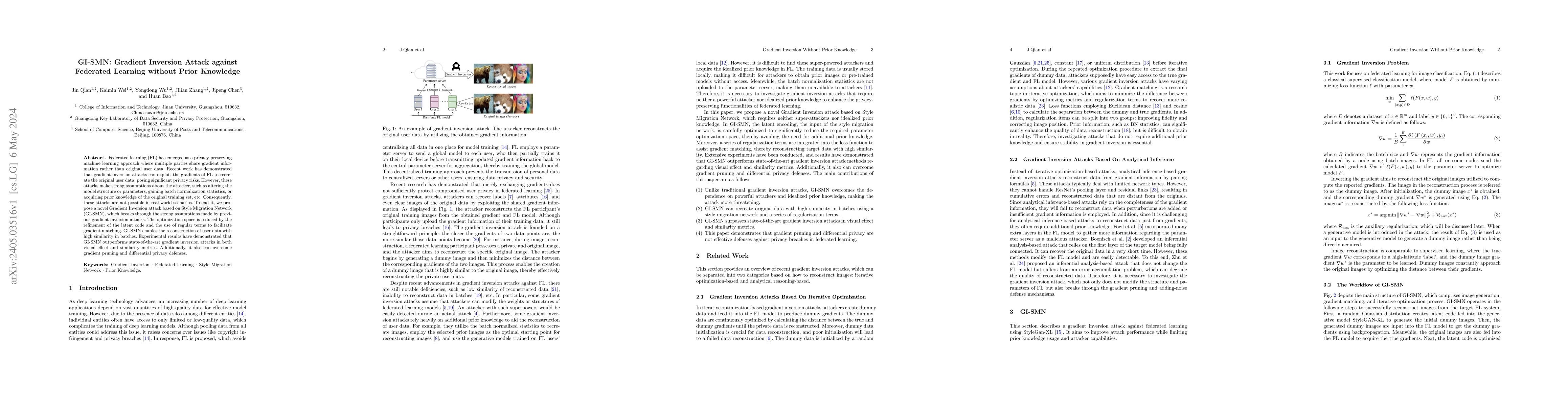 Thumbnail for GI-SMN: Gradient Inversion Attack against Federated Learning without
  Prior Knowledge