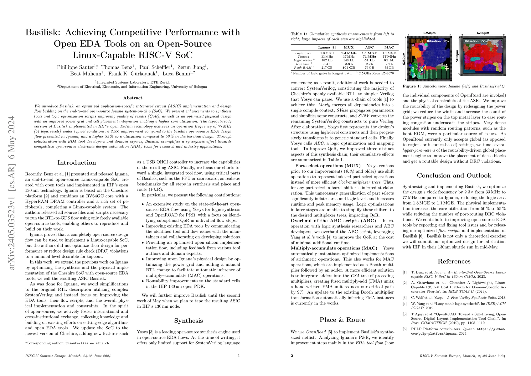 Thumbnail for Basilisk: Achieving Competitive Performance with Open EDA Tools on an
  Open-Source Linux-Capable RISC-V SoC
