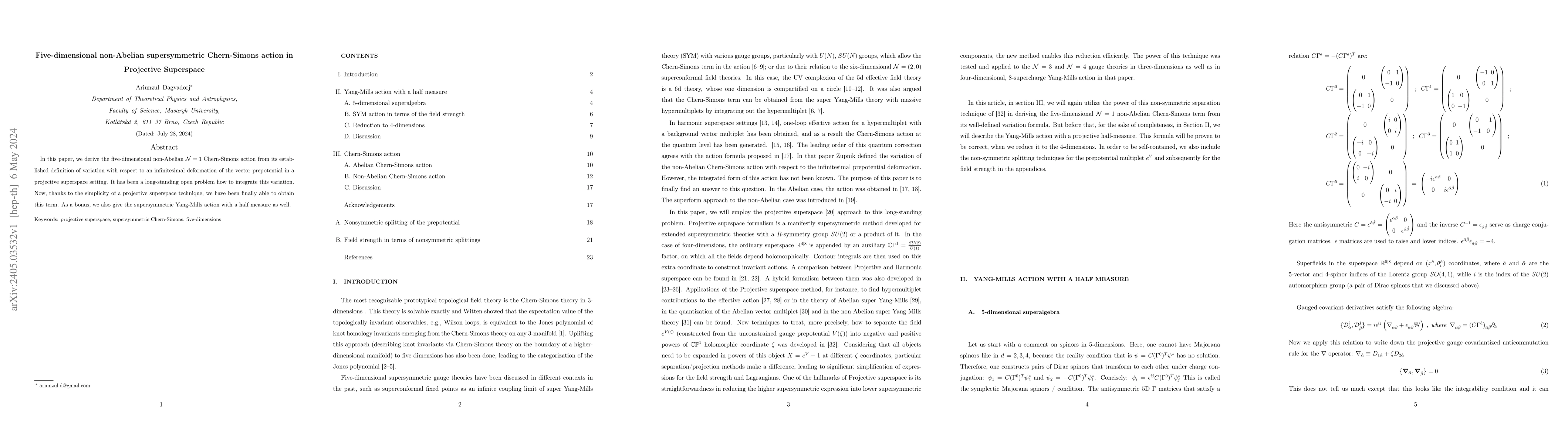 Thumbnail for Five-dimensional non-Abelian supersymmetric Chern-Simons action in
  Projective Superspace