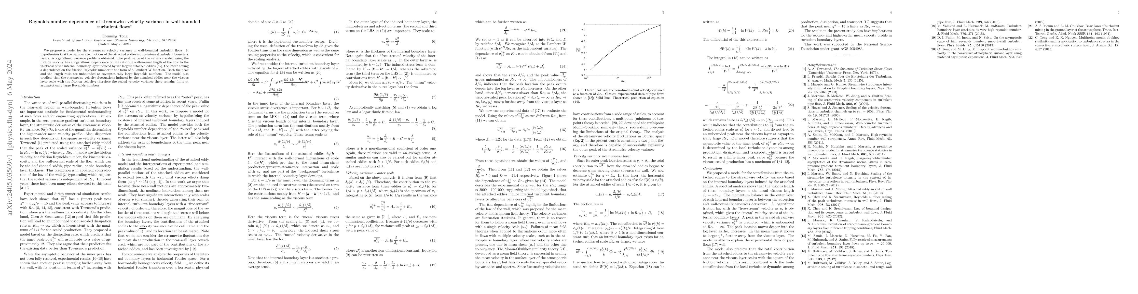 Thumbnail for Reynolds-number dependence of streamwise velocity variance in
  wall-bounded turbulent flows