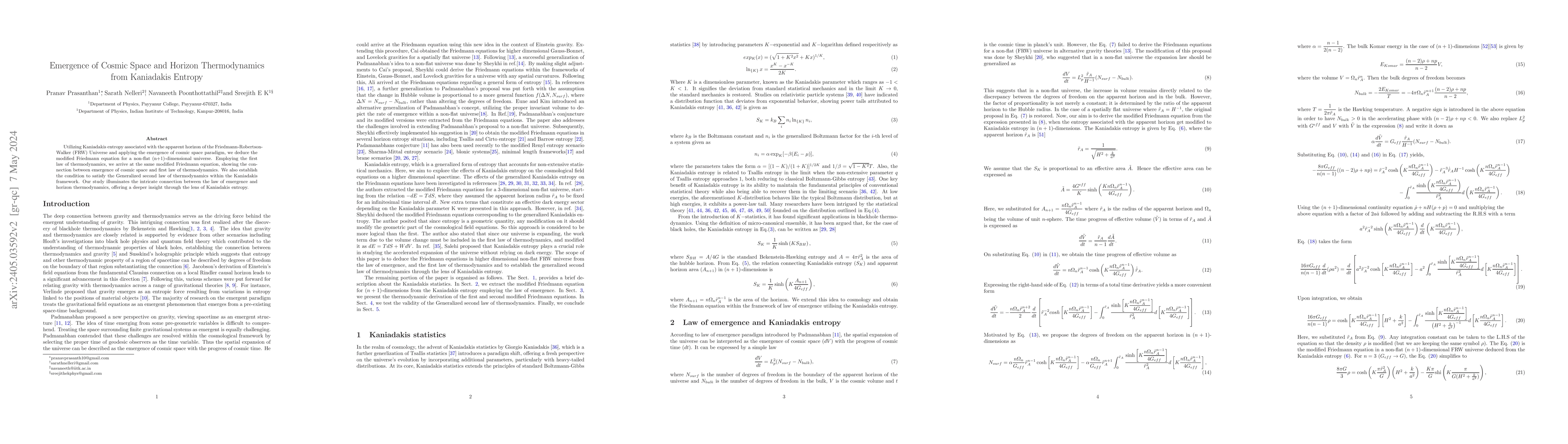 Thumbnail for Emergence of Cosmic Space and Horizon Thermodynamics from Kaniadakis
  Entropy