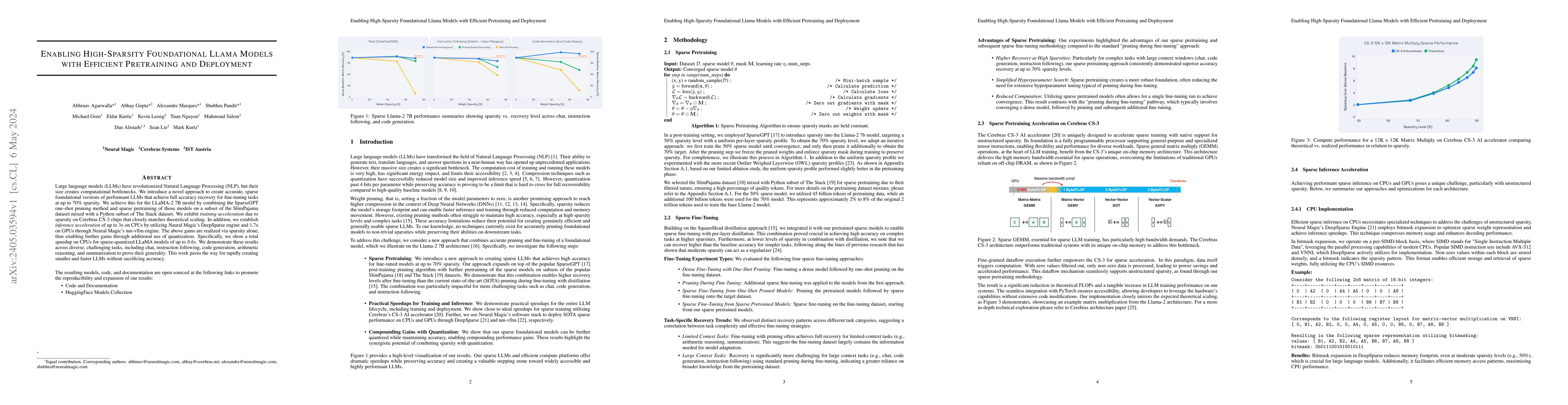 Thumbnail for Enabling High-Sparsity Foundational Llama Models with Efficient
  Pretraining and Deployment